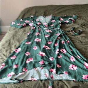 Bobeau Green Pleated Midi Dress with Bell Sleeves